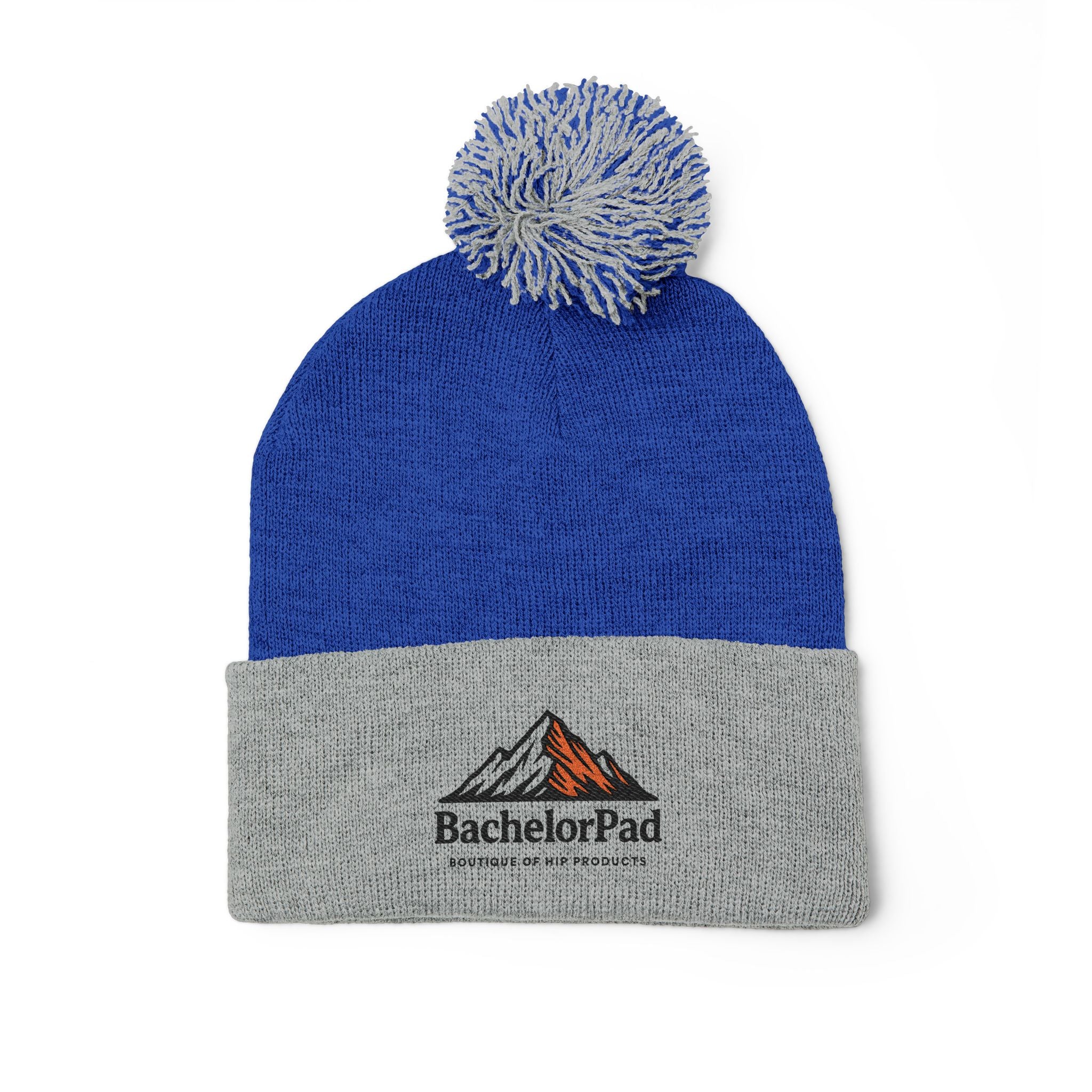 BachelorPad Embroidered Pom-Pom Knit Cap — Mountain Logo Beanie for Outdoors & Winter