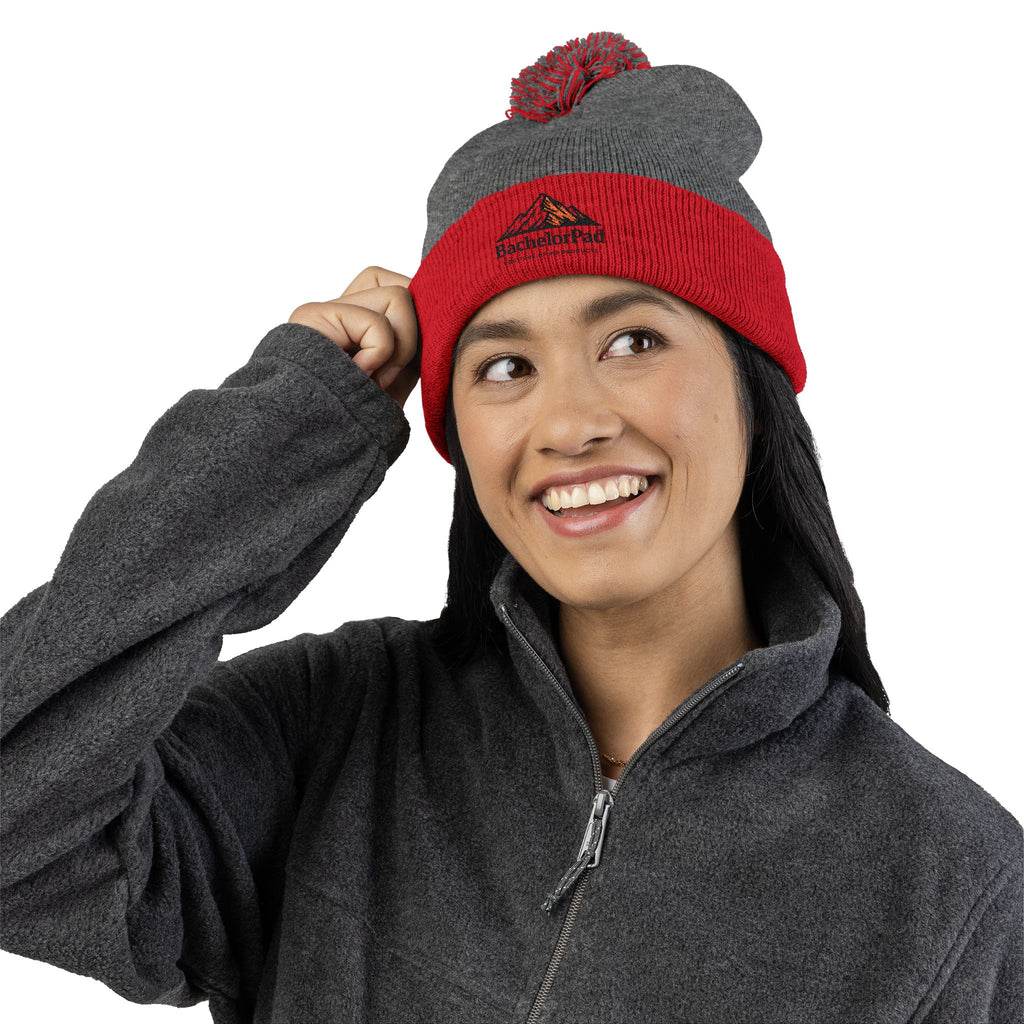 BachelorPad Embroidered Pom-Pom Knit Cap — Mountain Logo Beanie for Outdoors & Winter