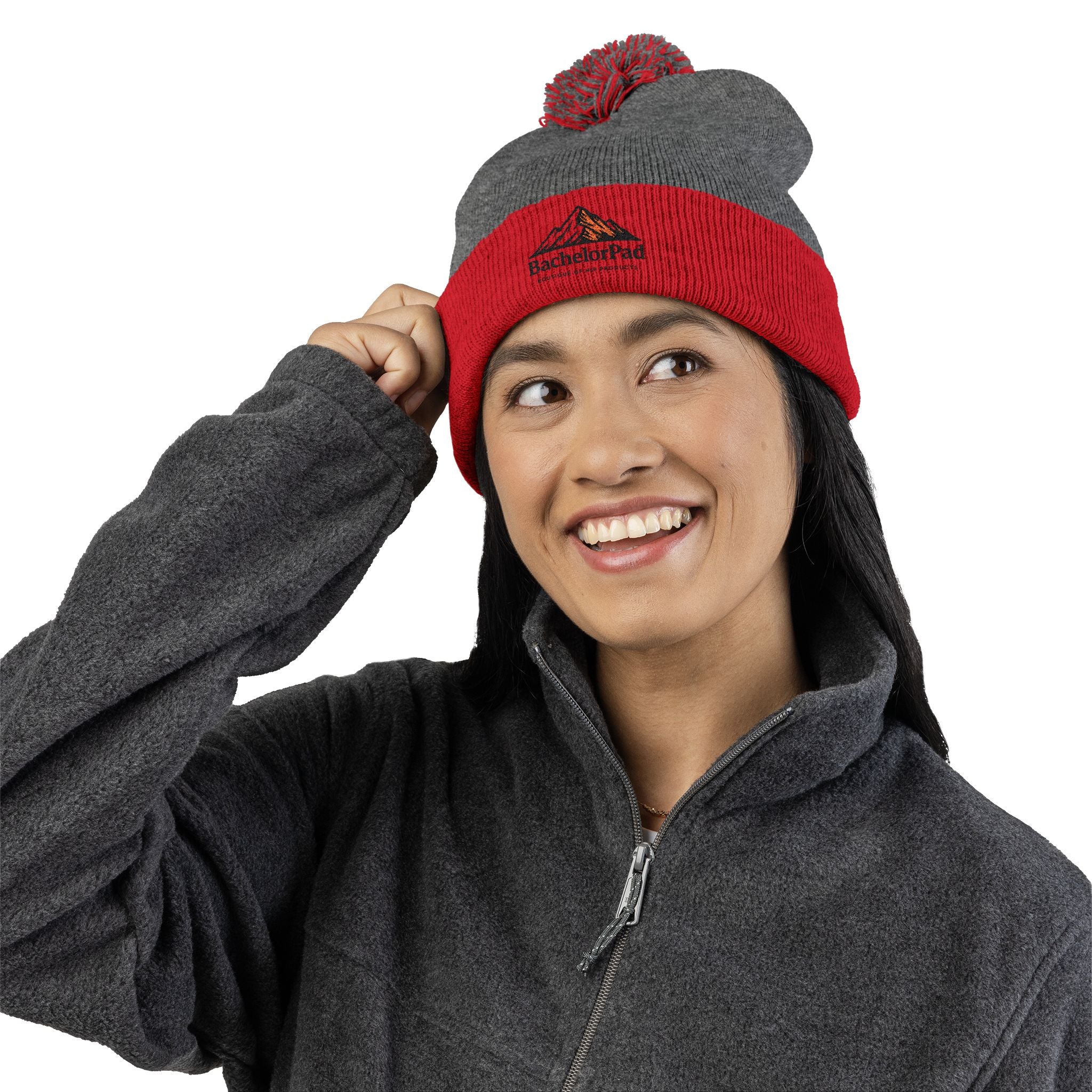 BachelorPad Embroidered Pom-Pom Knit Cap — Mountain Logo Beanie for Outdoors & Winter