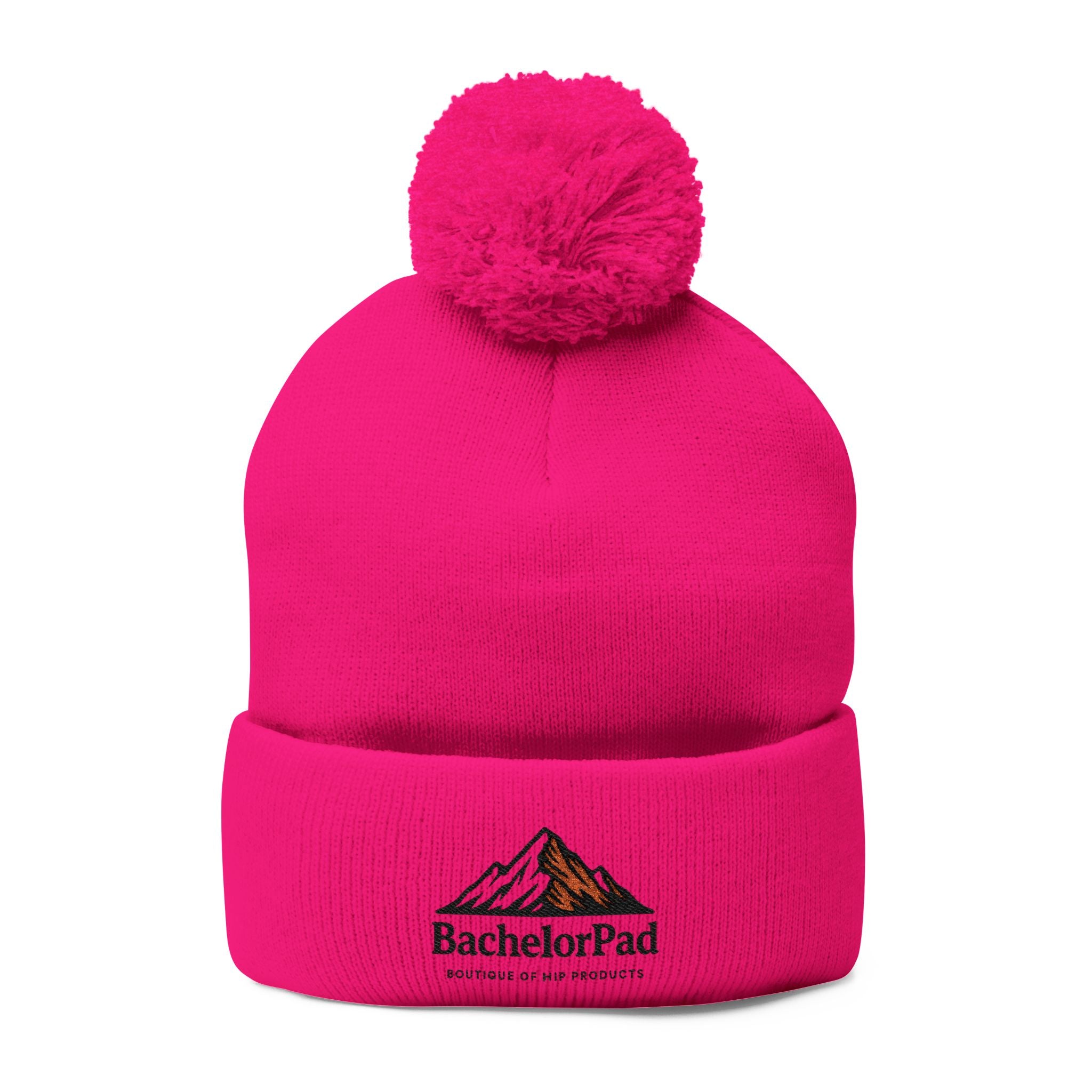 BachelorPad Embroidered Pom-Pom Knit Cap — Mountain Logo Beanie for Outdoors & Winter