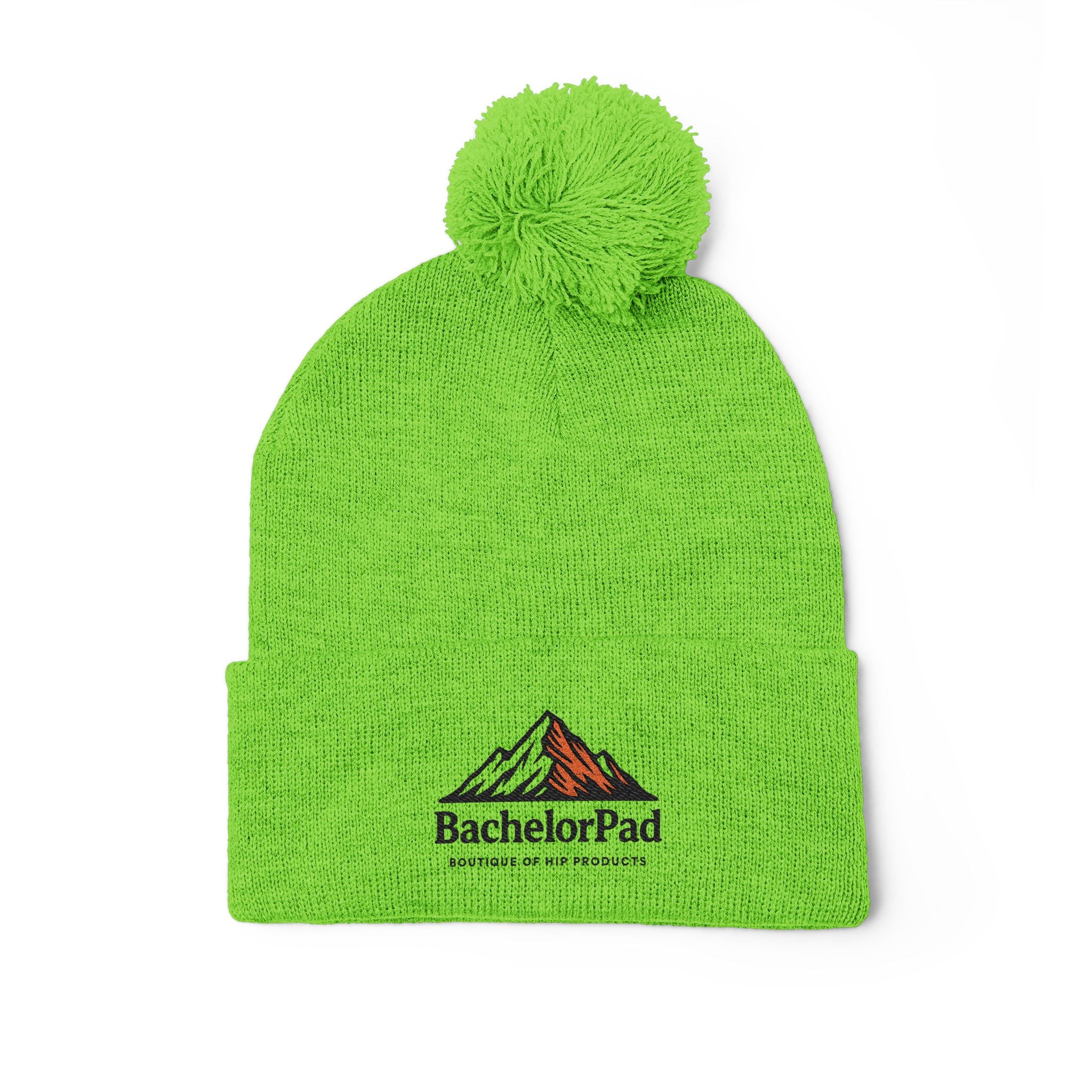 BachelorPad Embroidered Pom-Pom Knit Cap — Mountain Logo Beanie for Outdoors & Winter