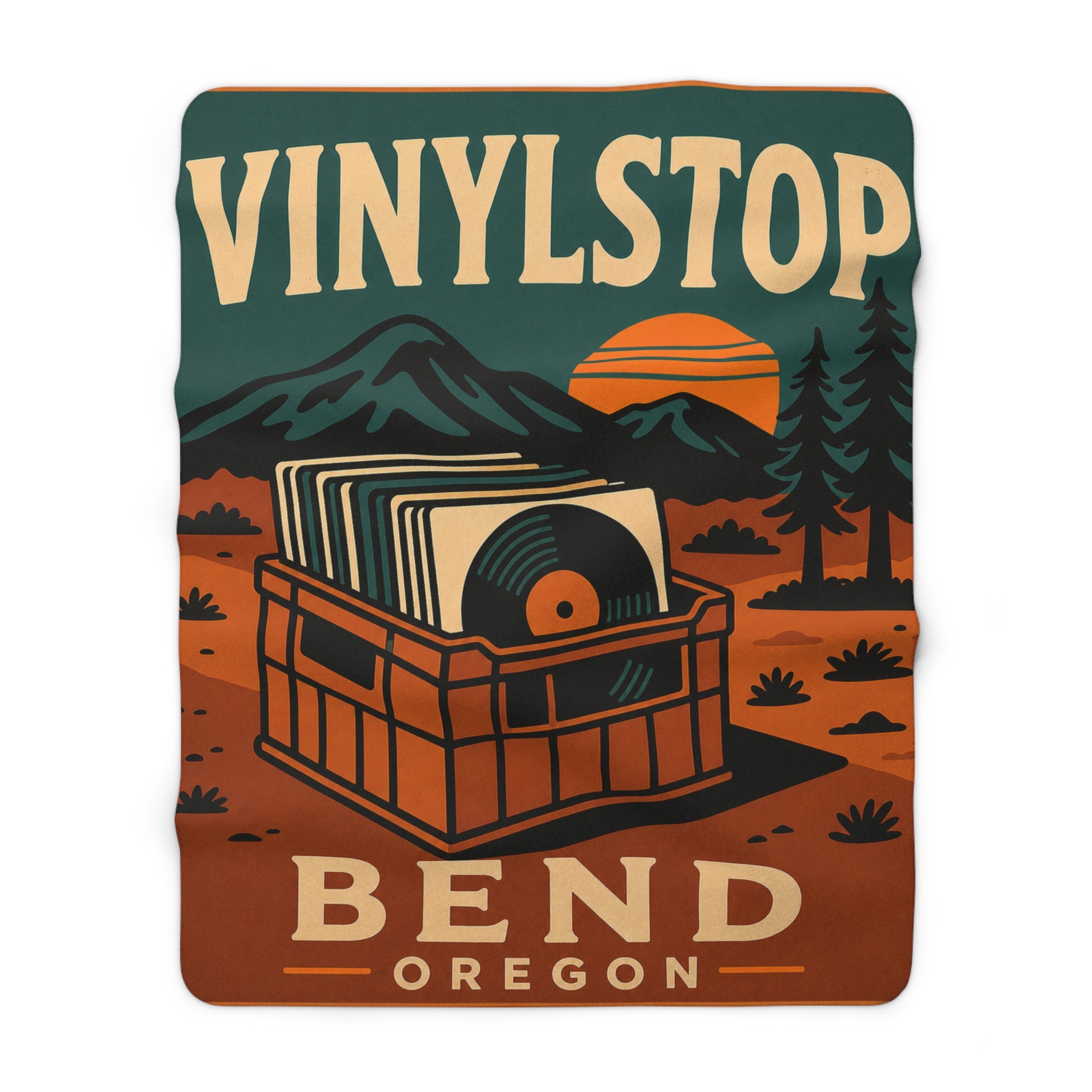 Bend Vinylstop Sherpa Blanket — Retro Oregon Vinyl Record Design