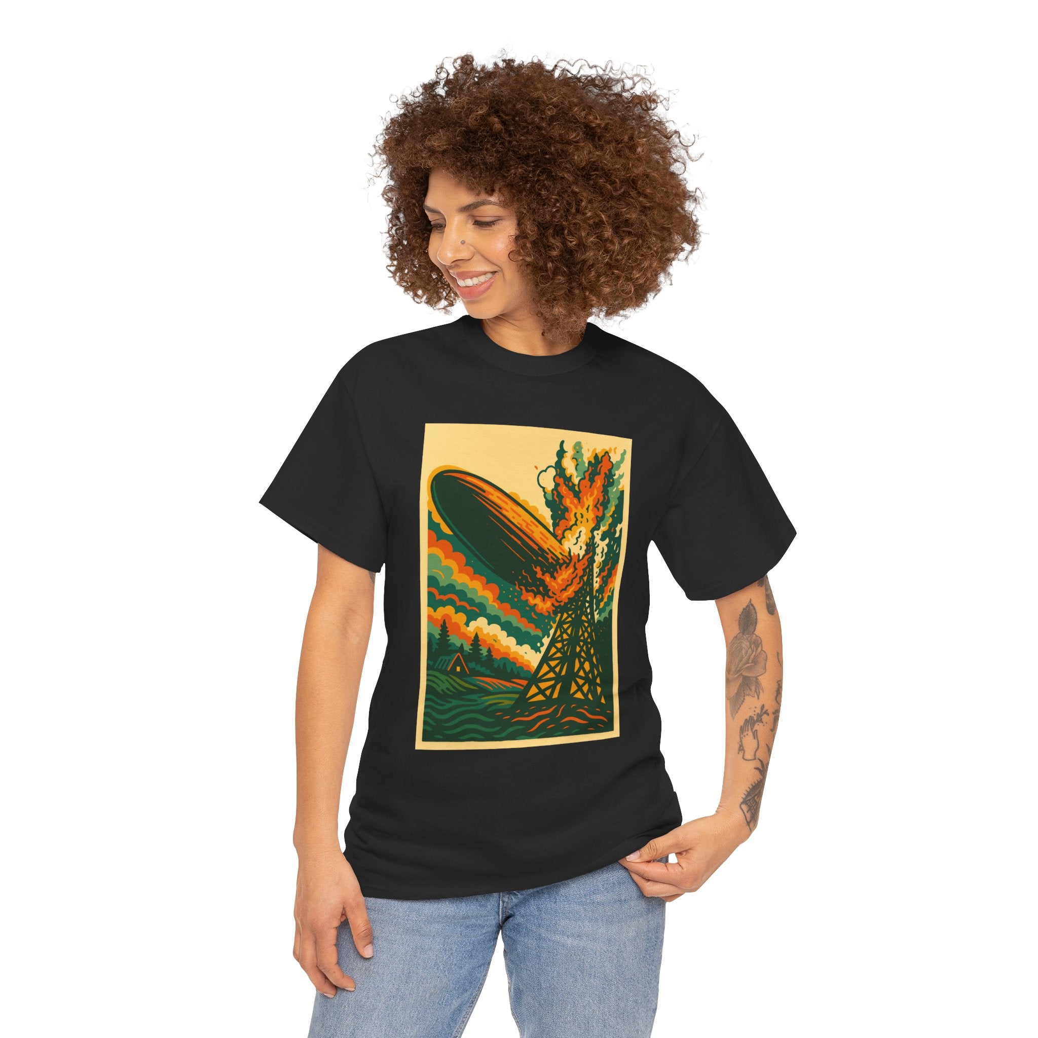 Led Zepp Burning Airship T-Shirt | Retro Zeppelin Explosion Illustration lll 3