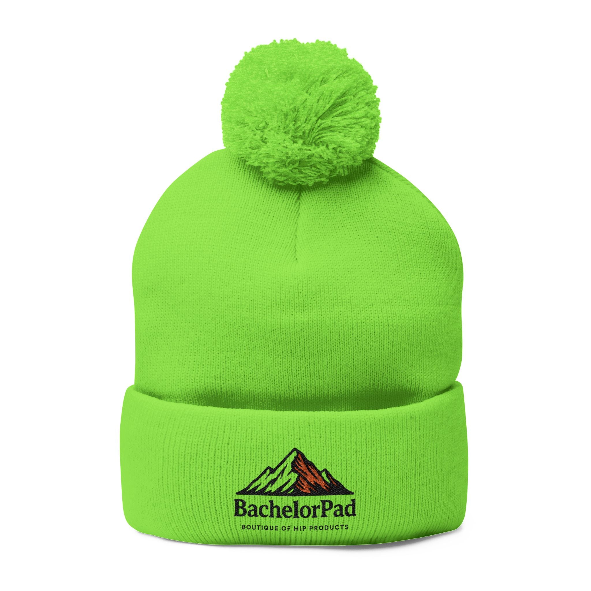 BachelorPad Embroidered Pom-Pom Knit Cap — Mountain Logo Beanie for Outdoors & Winter