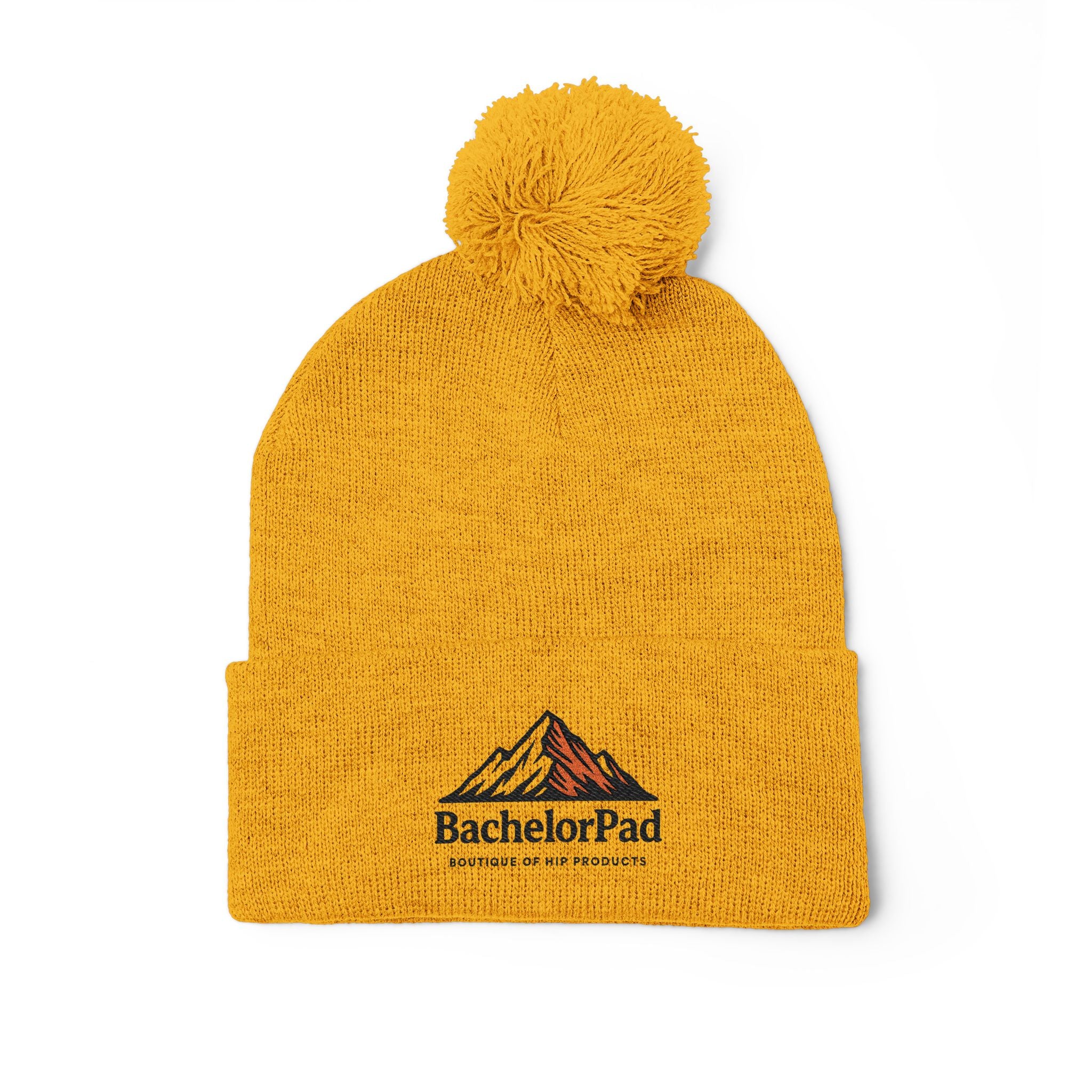BachelorPad Embroidered Pom-Pom Knit Cap — Mountain Logo Beanie for Outdoors & Winter