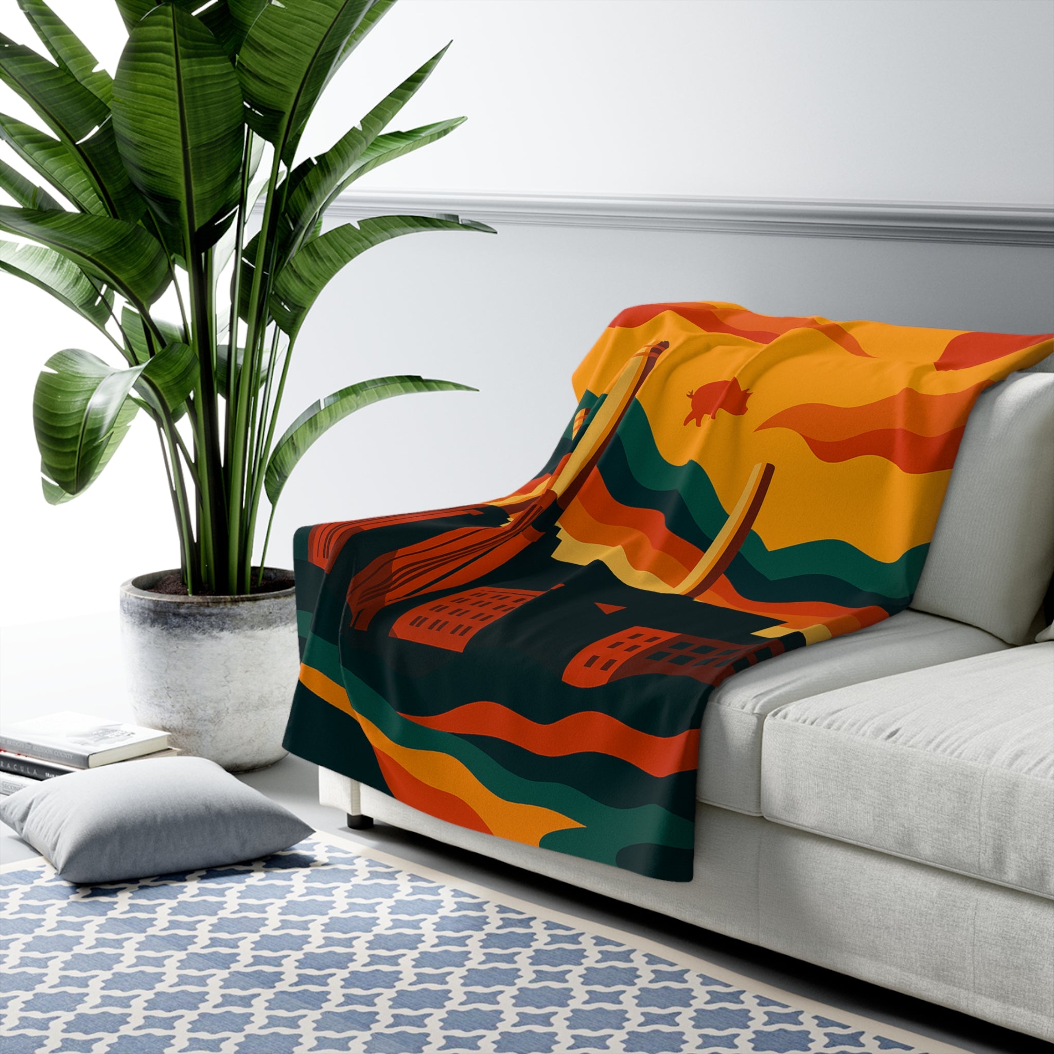 Retro Industrial PNK Floyd Inspired Fleece Blanket — Vintage Sunset Pig Airship Design