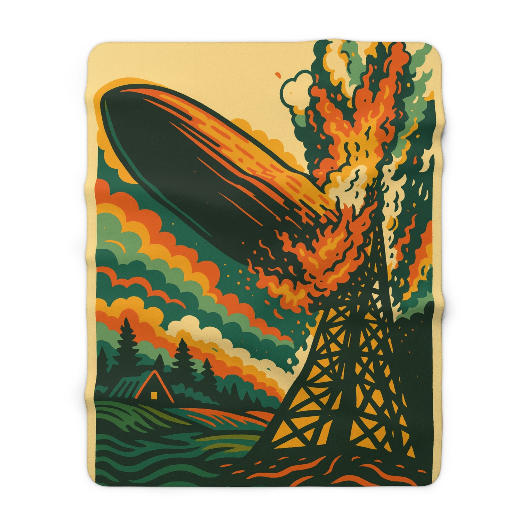 Zeppelin Crash Retro Sherpa Blanket — Vintage Airship Graphic Throw