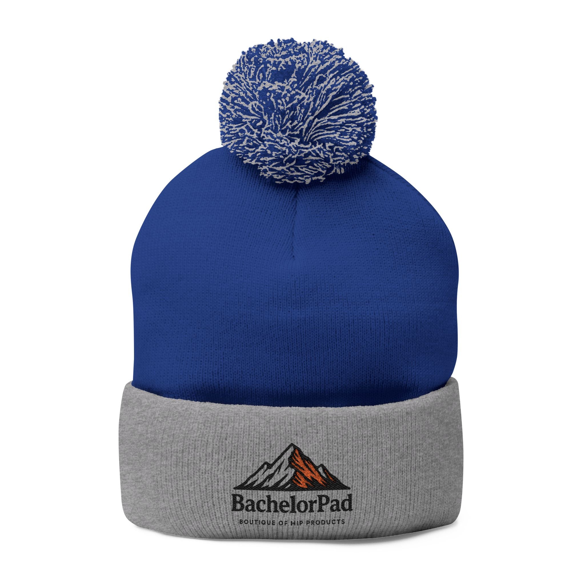 BachelorPad Embroidered Pom-Pom Knit Cap — Mountain Logo Beanie for Outdoors & Winter
