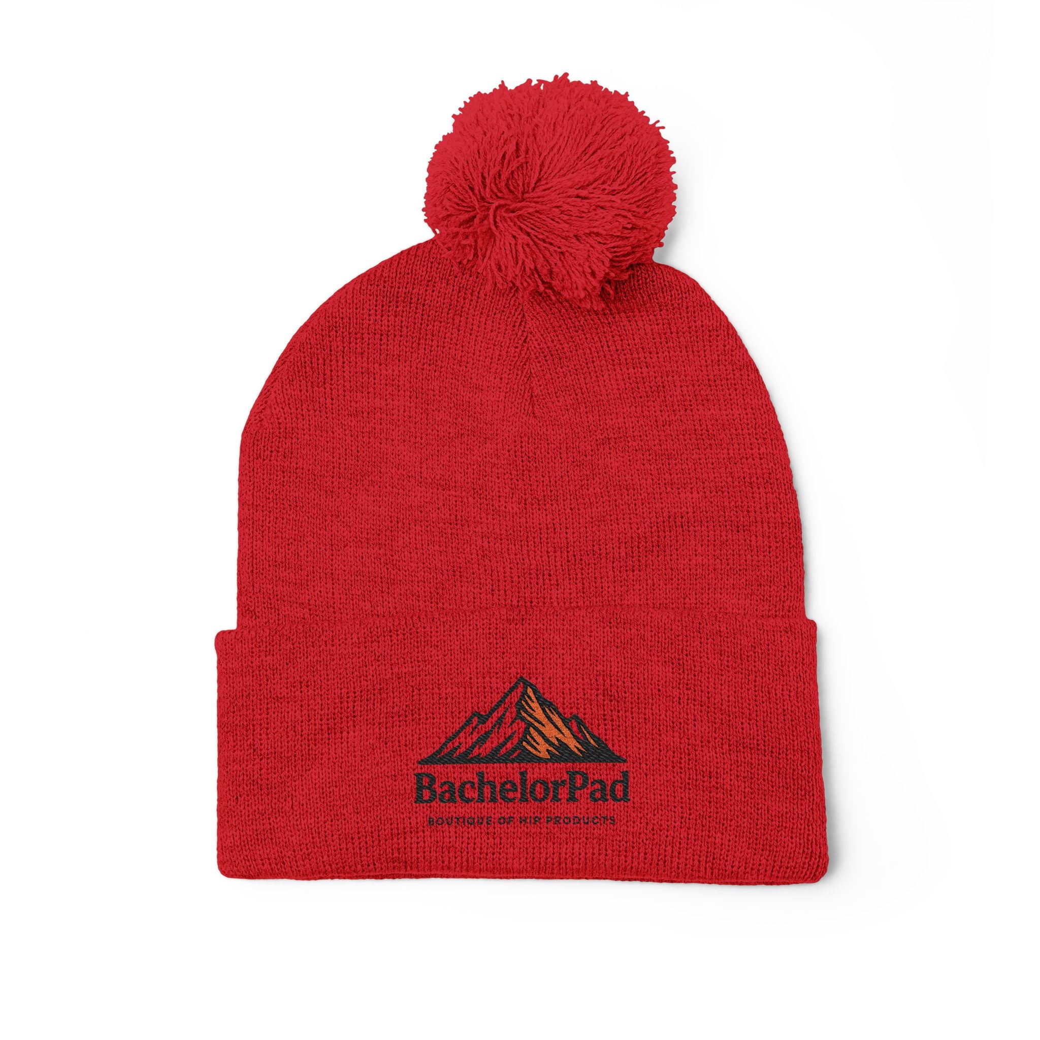 BachelorPad Embroidered Pom-Pom Knit Cap — Mountain Logo Beanie for Outdoors & Winter