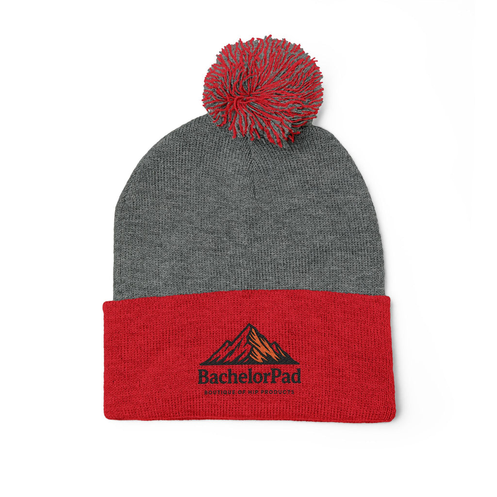 BachelorPad Embroidered Pom-Pom Knit Cap — Mountain Logo Beanie for Outdoors & Winter