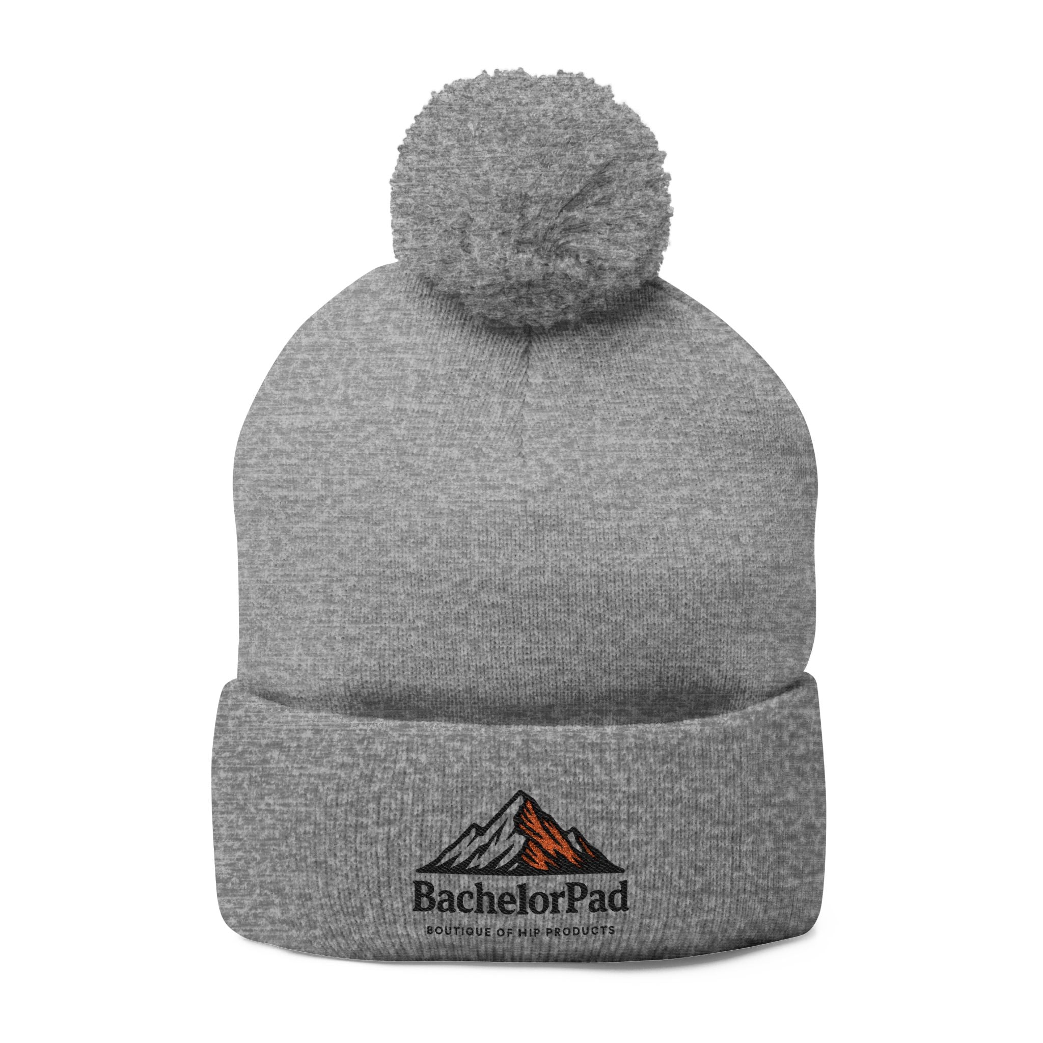 BachelorPad Embroidered Pom-Pom Knit Cap — Mountain Logo Beanie for Outdoors & Winter