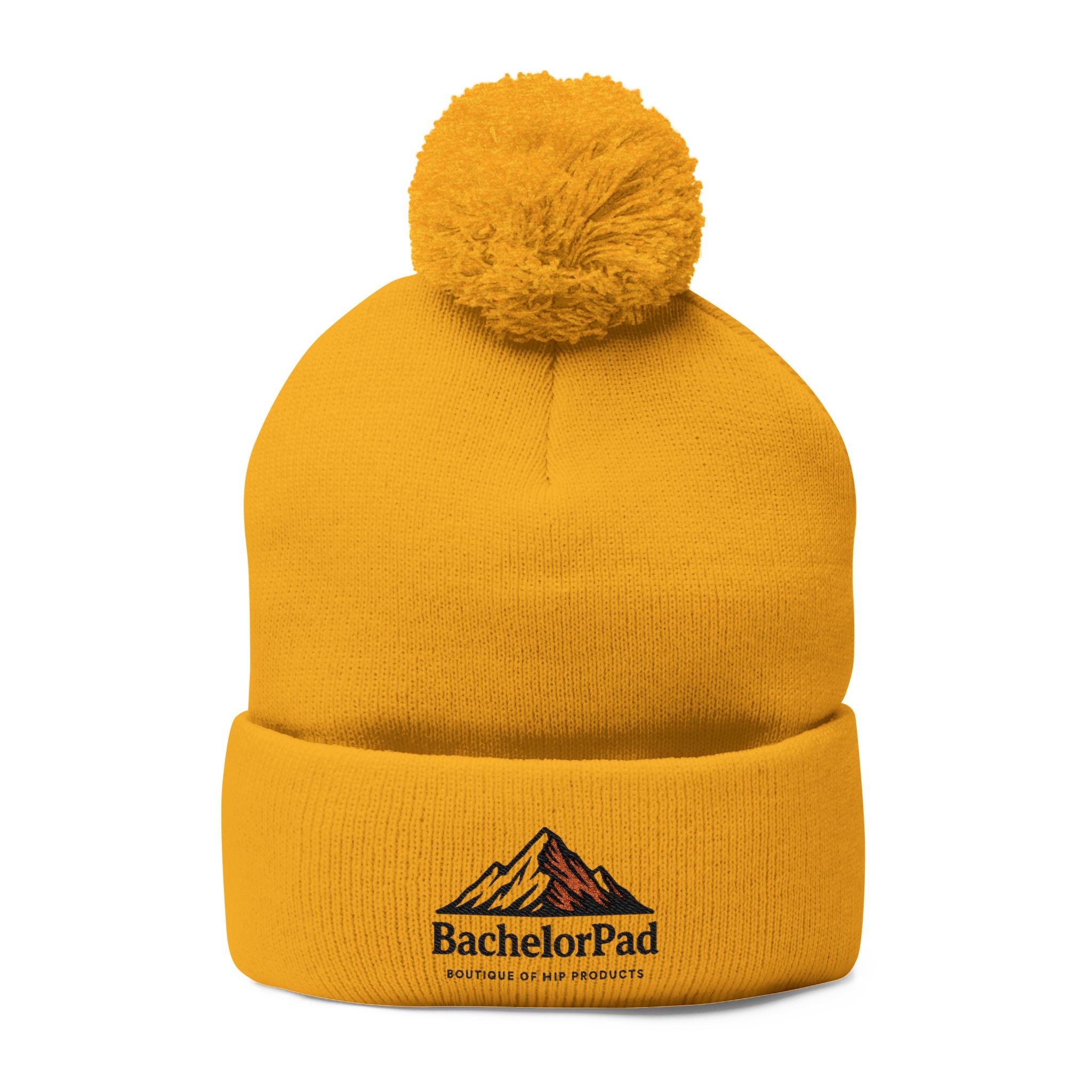 BachelorPad Embroidered Pom-Pom Knit Cap — Mountain Logo Beanie for Outdoors & Winter