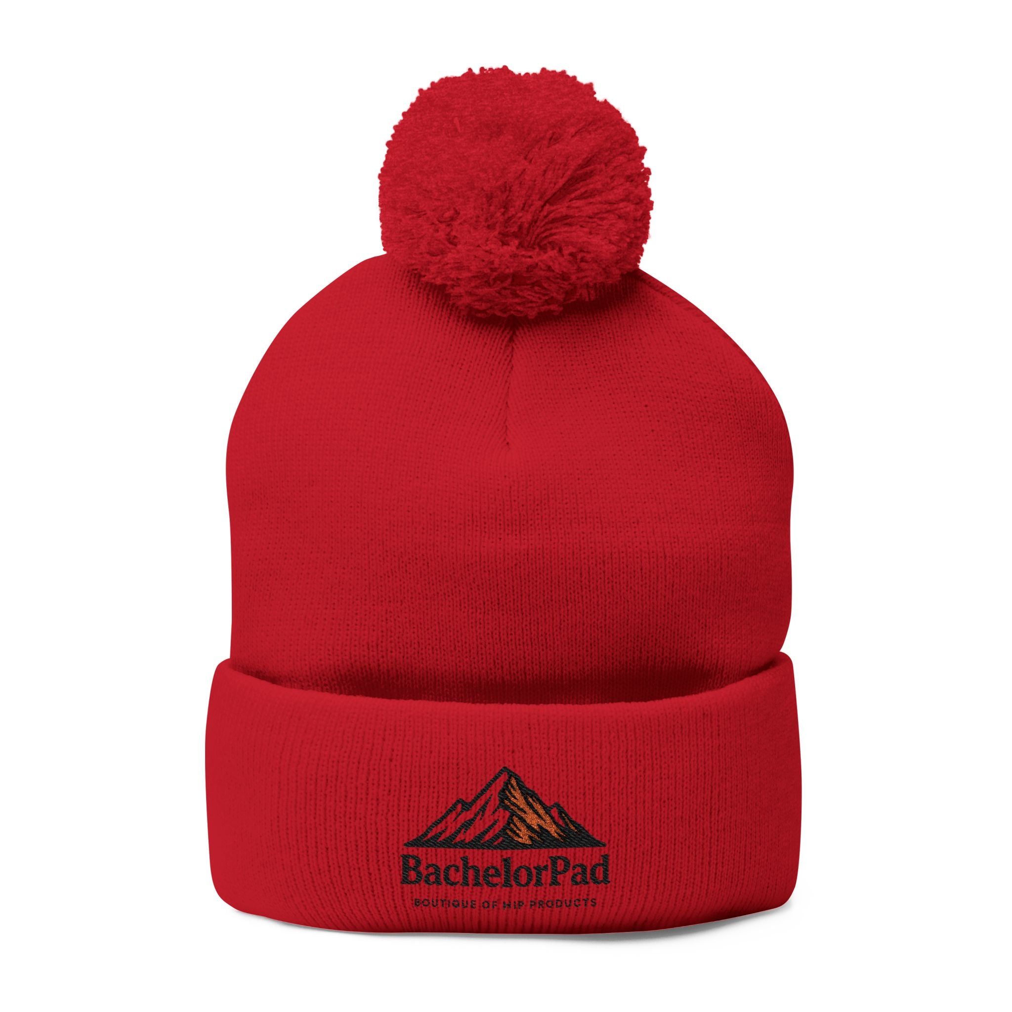 BachelorPad Embroidered Pom-Pom Knit Cap — Mountain Logo Beanie for Outdoors & Winter