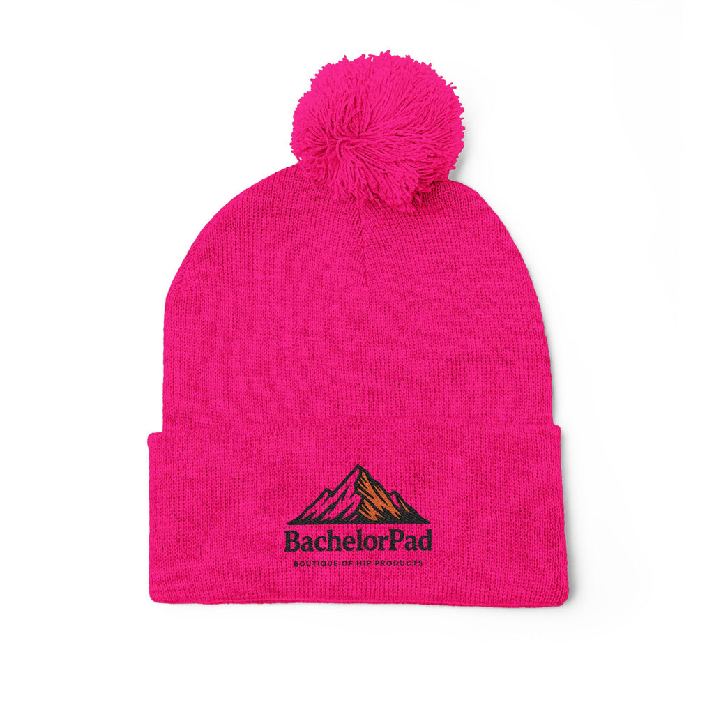 BachelorPad Embroidered Pom-Pom Knit Cap — Mountain Logo Beanie for Outdoors & Winter