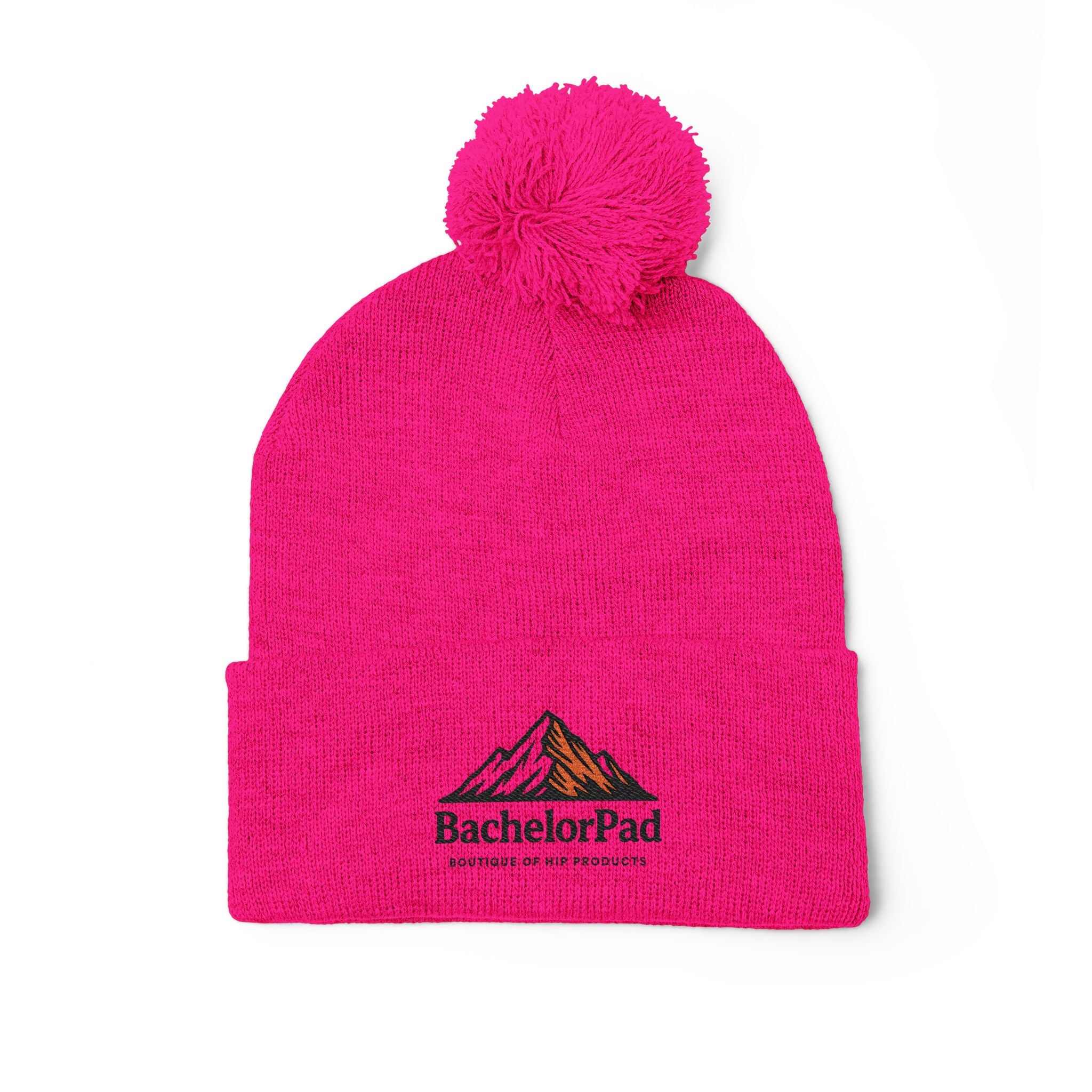 BachelorPad Embroidered Pom-Pom Knit Cap — Mountain Logo Beanie for Outdoors & Winter