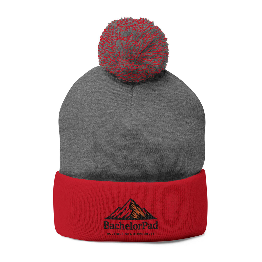 BachelorPad Embroidered Pom-Pom Knit Cap — Mountain Logo Beanie for Outdoors & Winter
