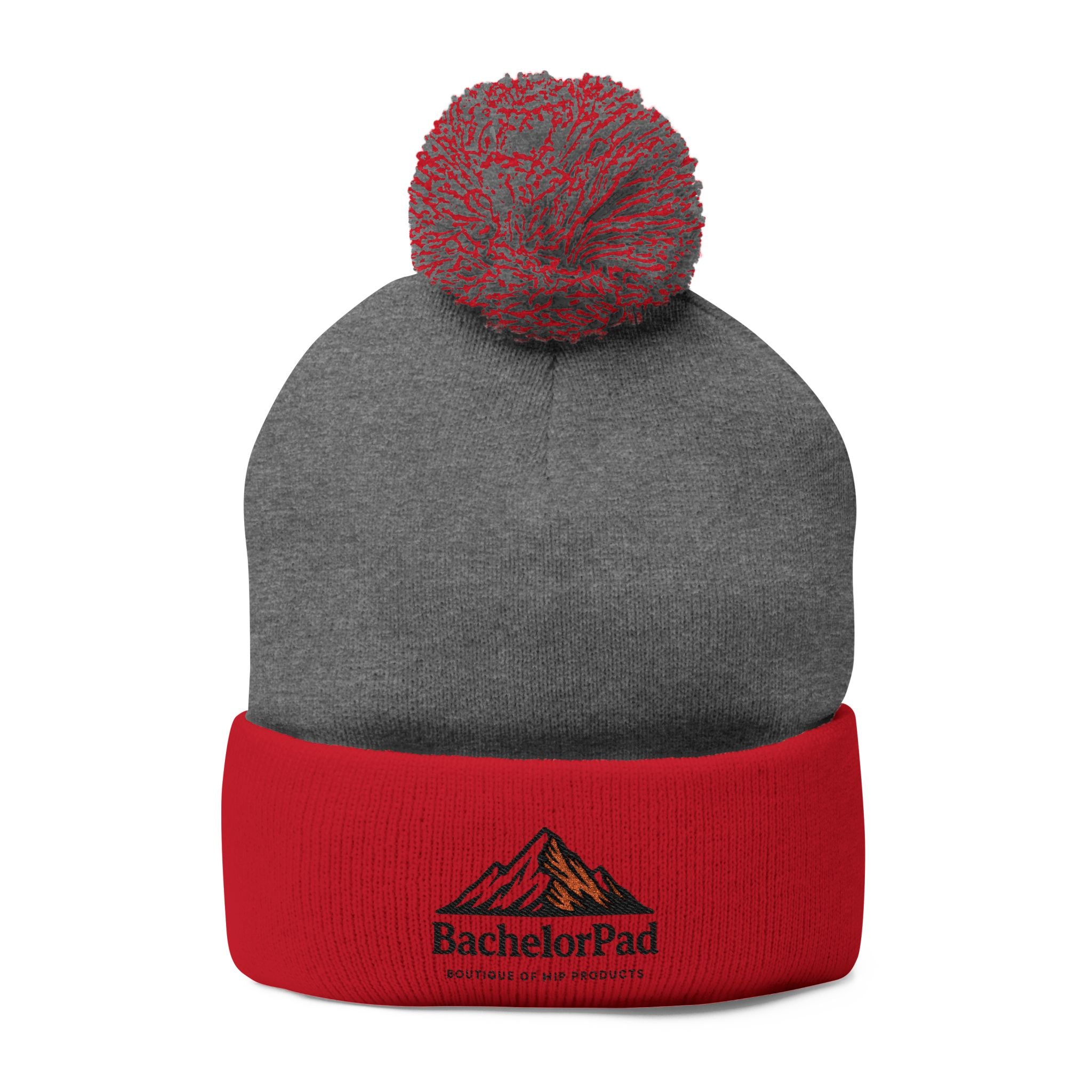 BachelorPad Embroidered Pom-Pom Knit Cap — Mountain Logo Beanie for Outdoors & Winter