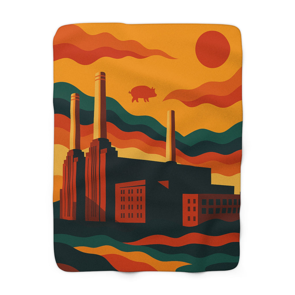 Retro Industrial PNK Floyd Inspired Fleece Blanket — Vintage Sunset Pig Airship Design