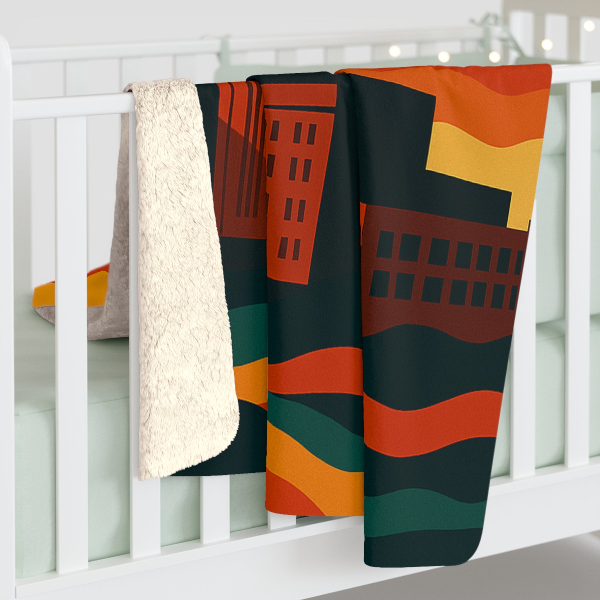 Retro Industrial PNK Floyd Inspired Fleece Blanket — Vintage Sunset Pig Airship Design