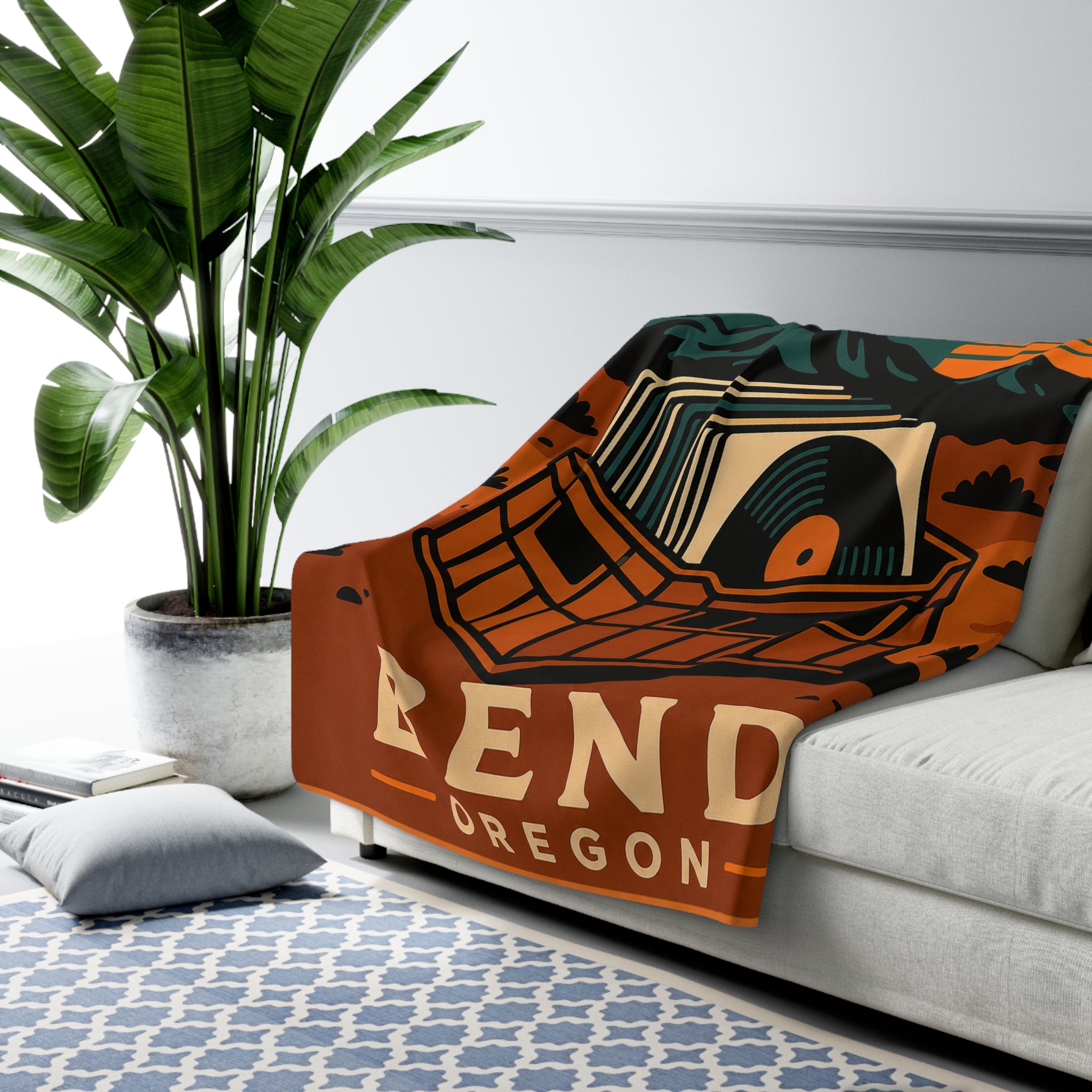 Bend Vinylstop Sherpa Blanket — Retro Oregon Vinyl Record Design