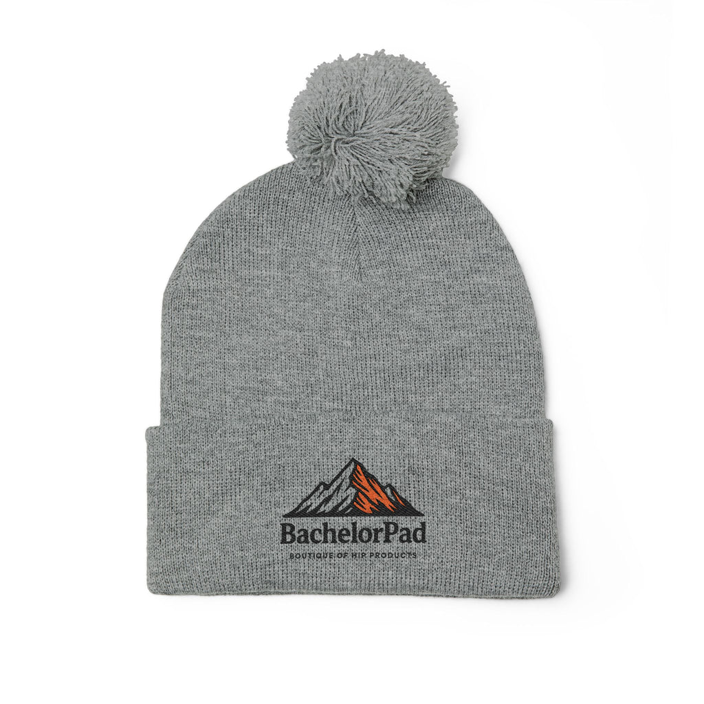 BachelorPad Embroidered Pom-Pom Knit Cap — Mountain Logo Beanie for Outdoors & Winter