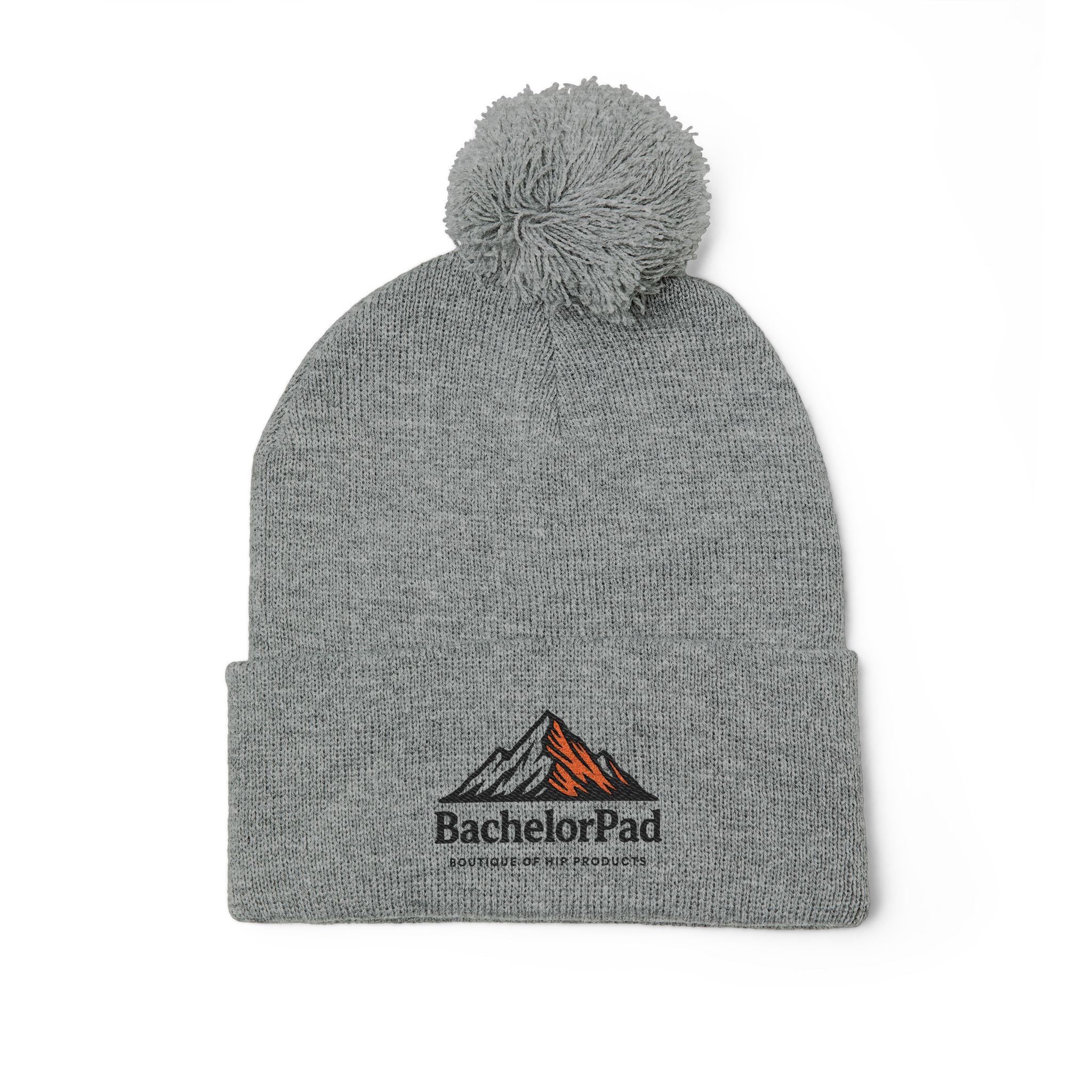 BachelorPad Embroidered Pom-Pom Knit Cap — Mountain Logo Beanie for Outdoors & Winter