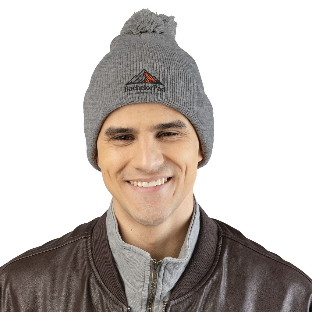 BachelorPad Embroidered Pom-Pom Knit Cap — Mountain Logo Beanie for Outdoors & Winter